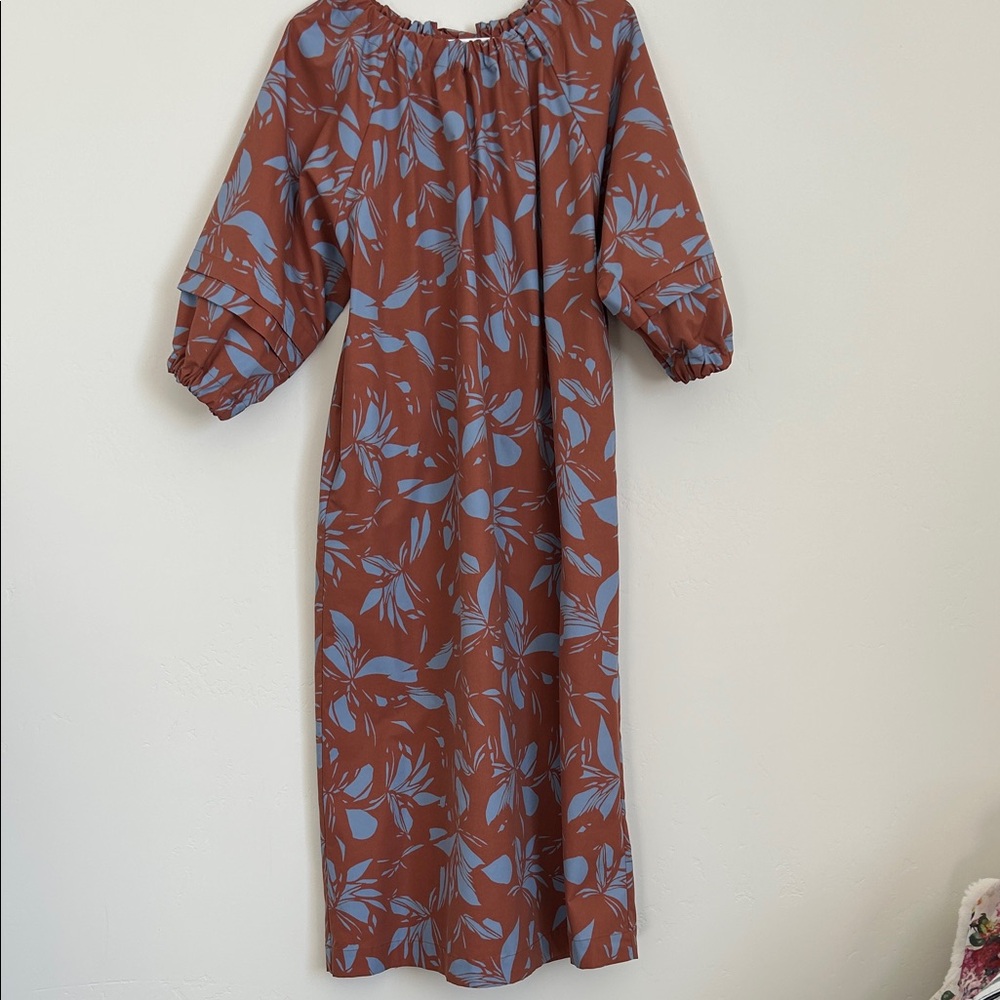 Off-Shoulder Rust Midi Dress with Sky Blue Leaf Print